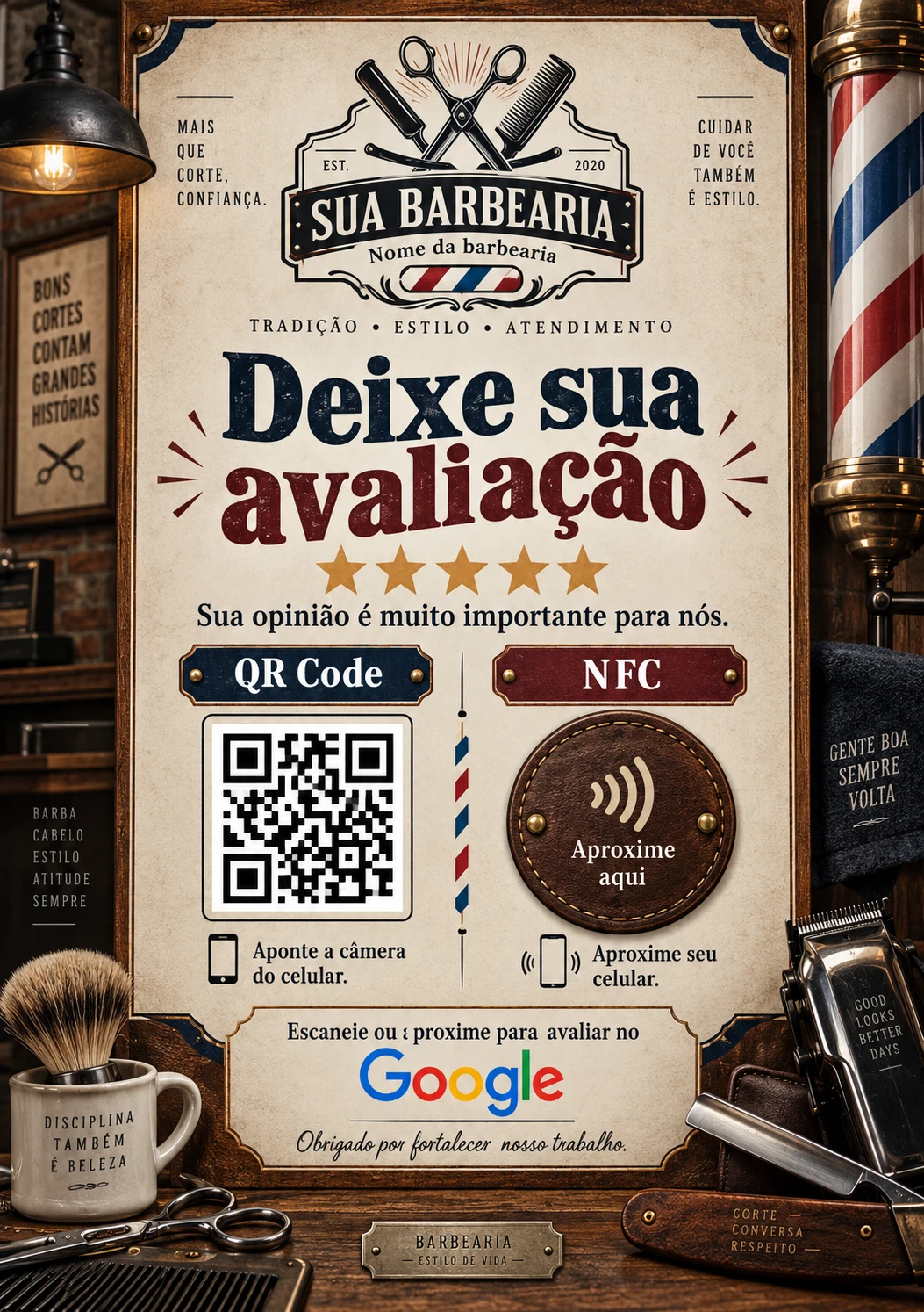 Placa de barbearia em estilo vintage com tesoura e navalha