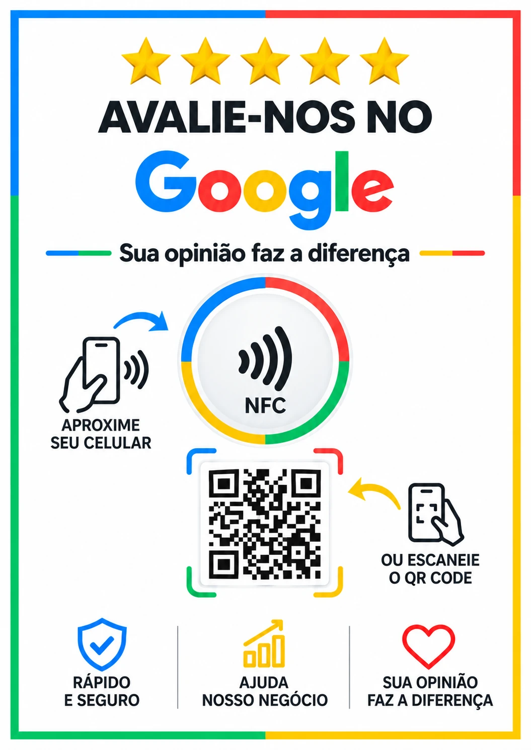 Placa branca com moldura colorida, cinco estrelas, NFC e QR Code