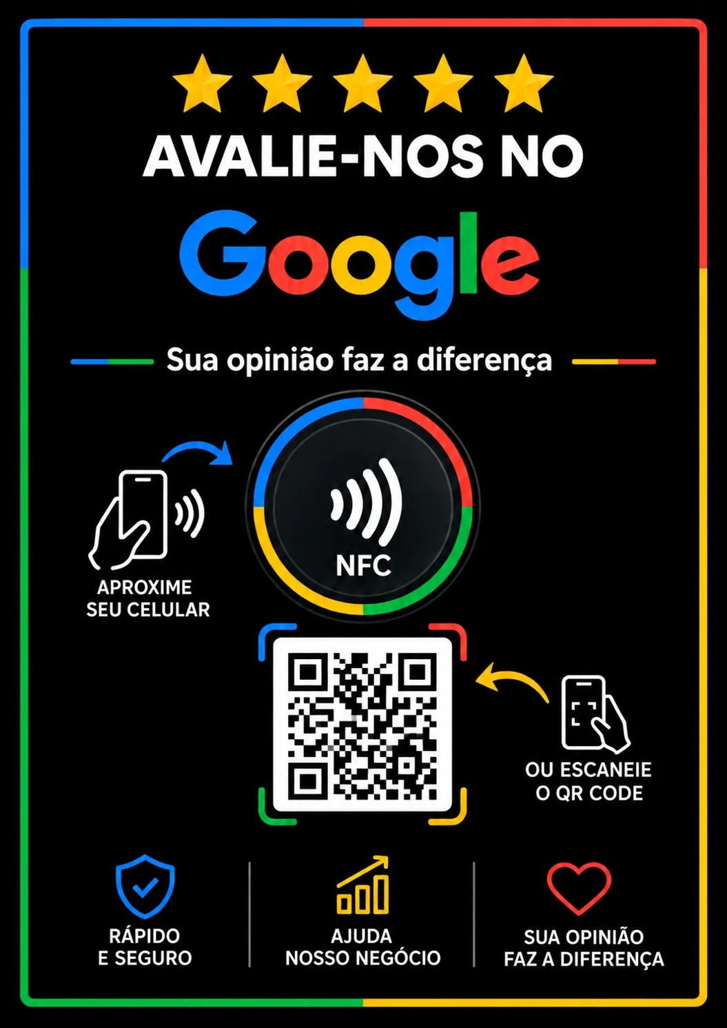 Placa preta com moldura colorida, cinco estrelas, NFC e QR Code