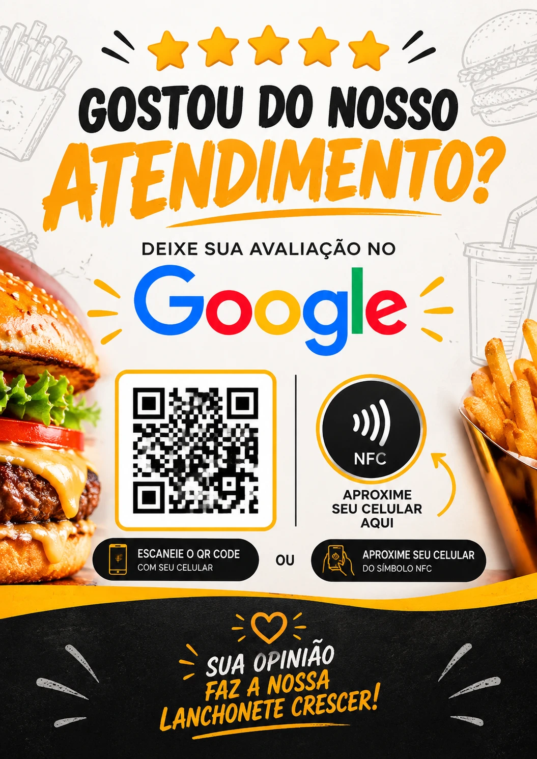 Placa de lanchonete com hambúrguer, batatas e letras em amarelo