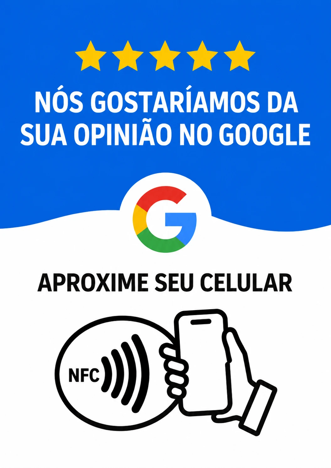 Placa azul e branca com cinco estrelas e ilustração de celular aproximando do NFC