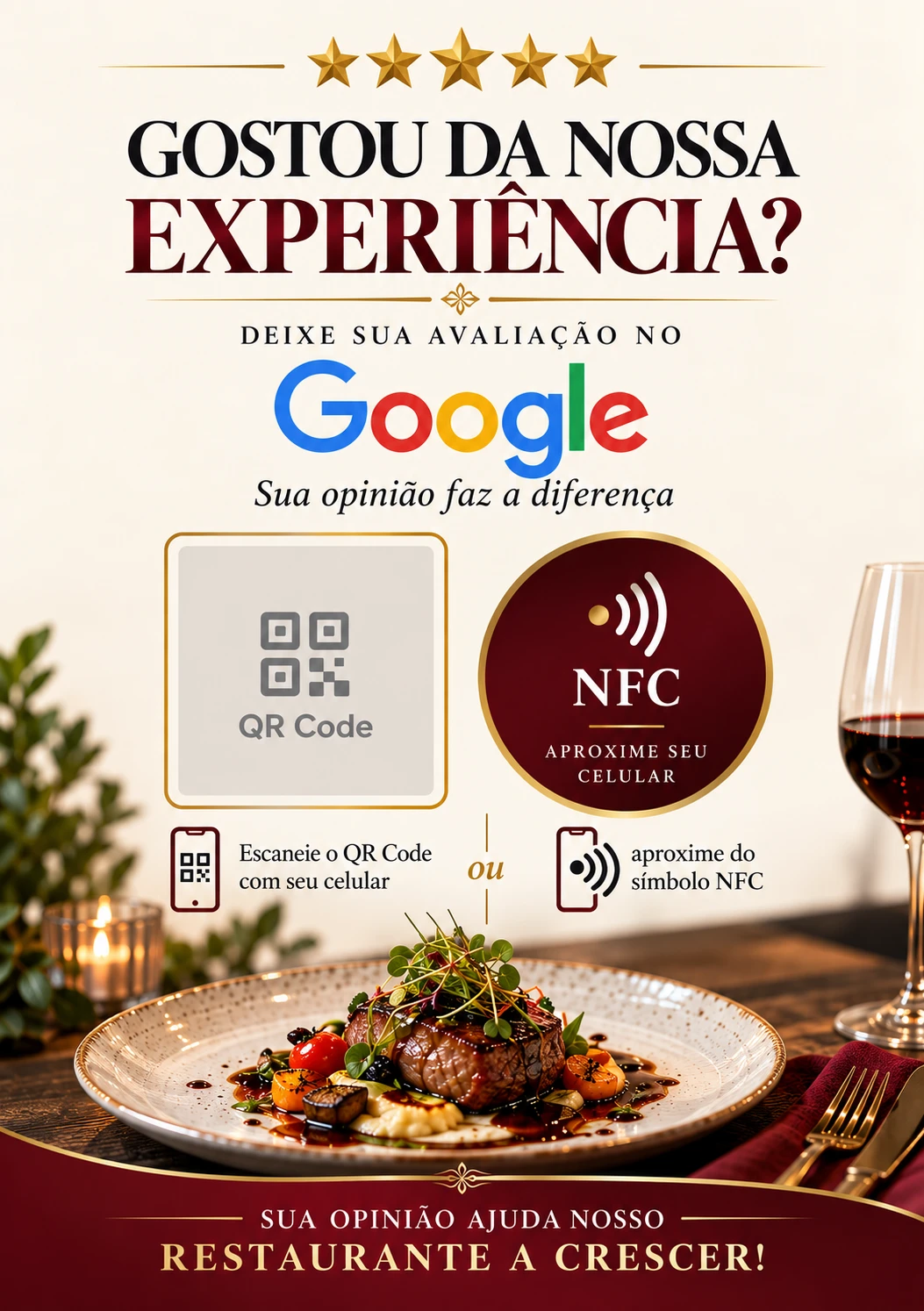 Placa de restaurante em tons de vinho e dourado com prato de comida