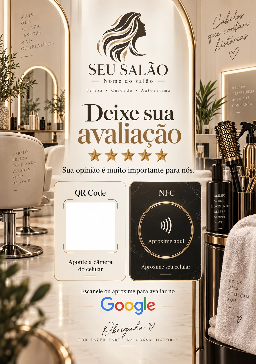 Placa de salão de beleza em tons claros e dourados