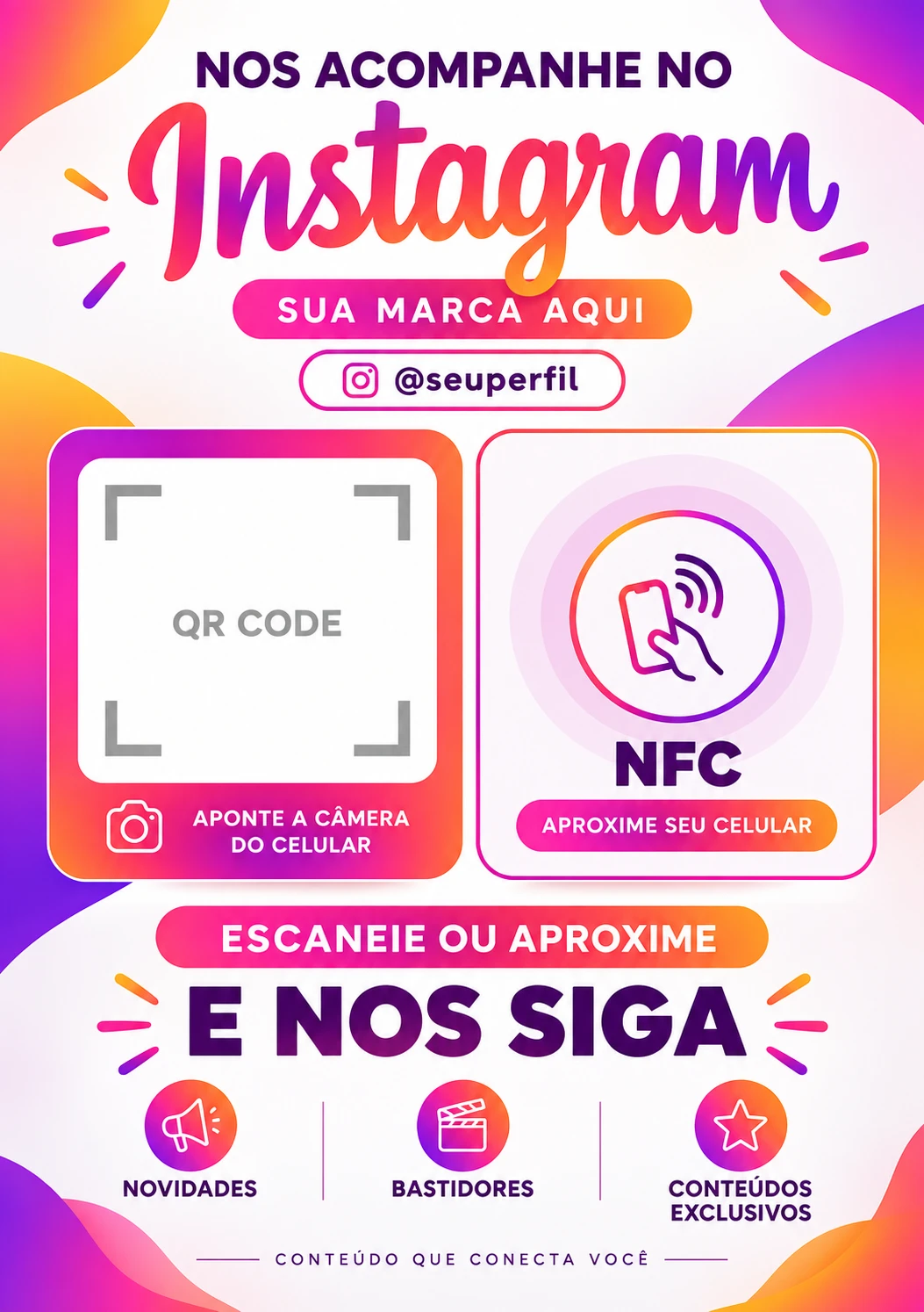 Placa clara do Instagram em degradê rosa e laranja com QR Code e NFC