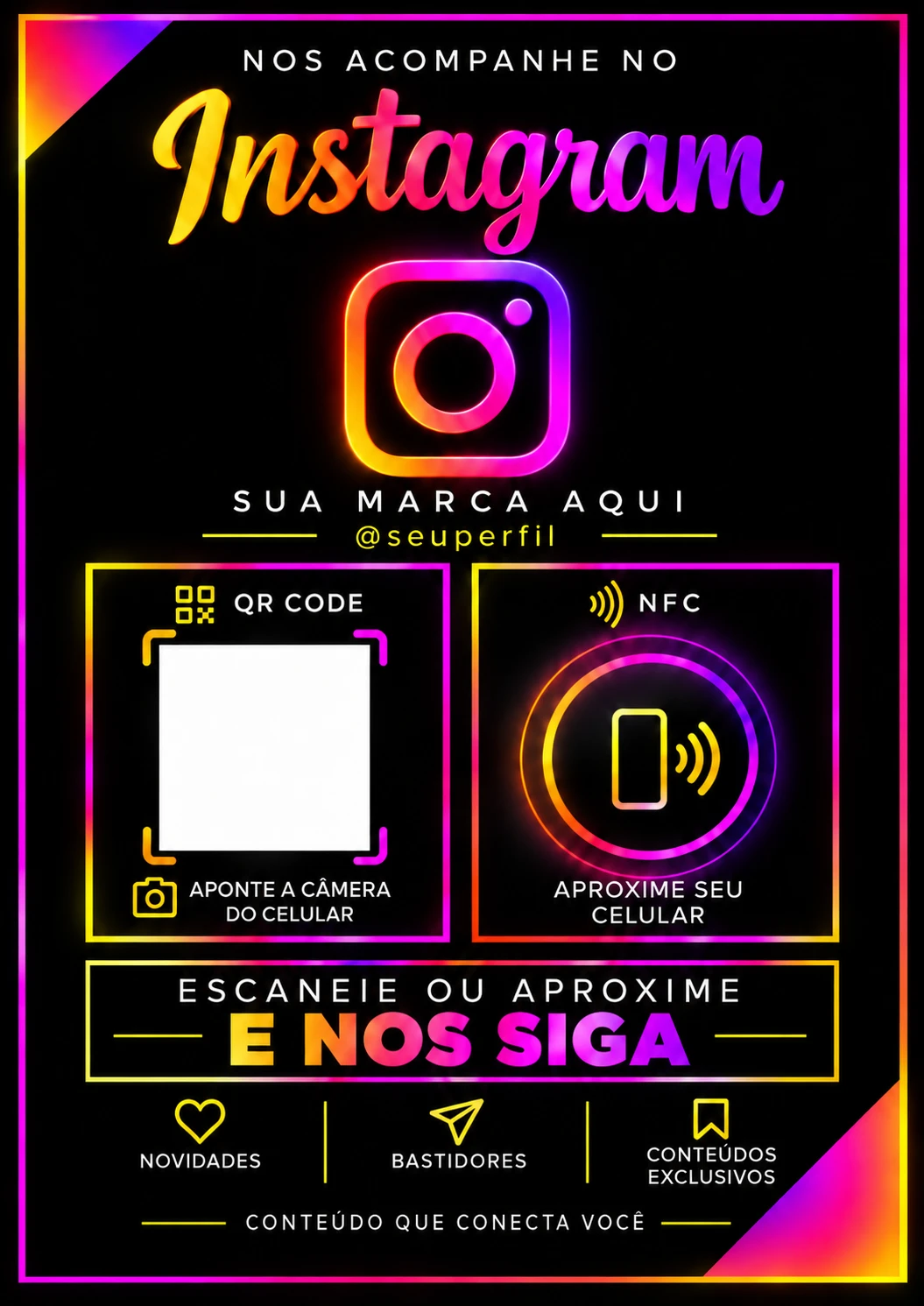 Placa preta do Instagram com efeito neon, QR Code e NFC